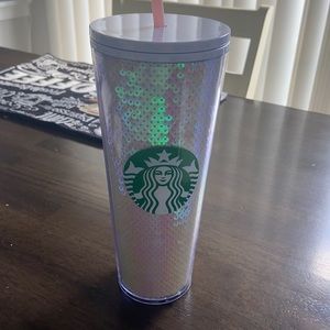 Starbucks Pink & White Sequin Glitter Cold Cup Tumbler Holiday 2020